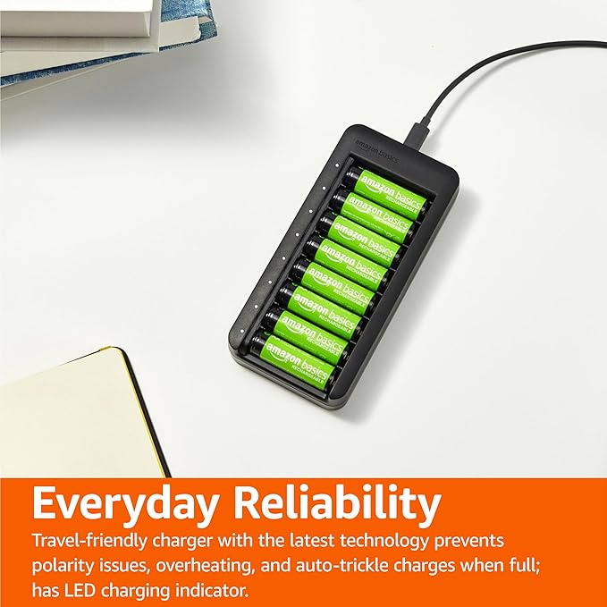Amazon Basics Rechargeable AA NiMh Batteries with 8-Bay Battery Charger, USB-C Port, No AC Power Adapter, 8 Count (Pack of 1), Black