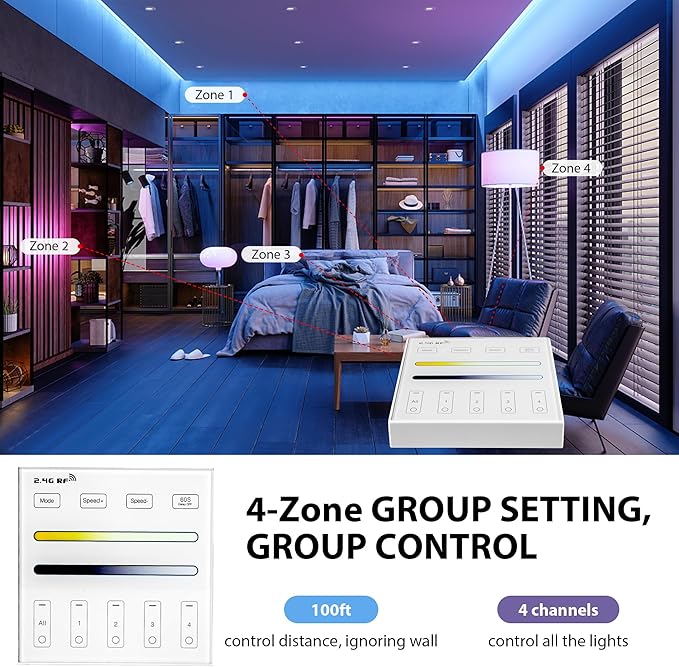 XXK WR02RF RF Panel Remoter, 4-Zone 2.4G Wall Mounted RF Remote Control Compatible with CCT LED Controller, 99ft Wireless Control 4 Channel Group Control for Home CCT LED Strip Lights