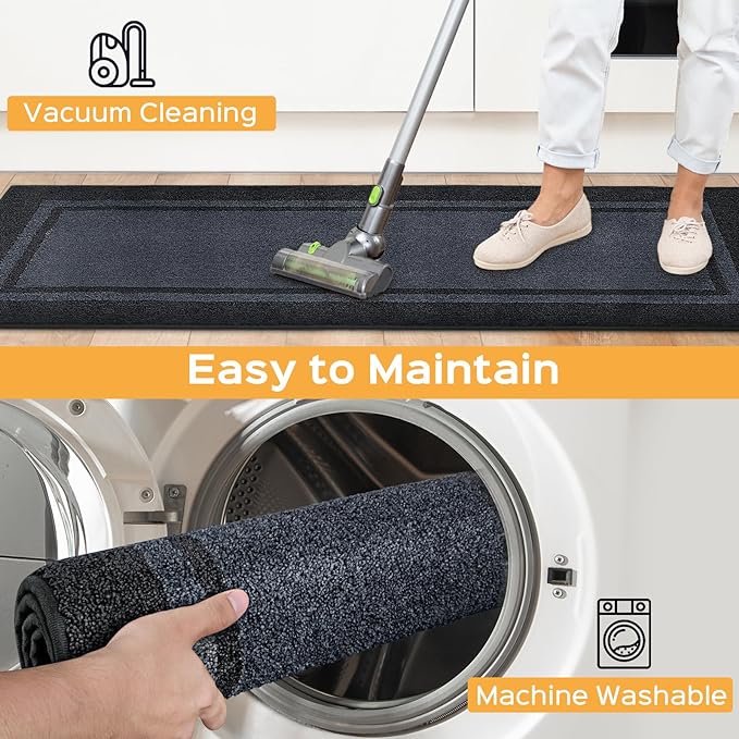 Kitchen Rugs 24" x 36", Non-Slip Machine Washable Kitchen Runner Rugs Floor Mats, Absorbent Comfort Standing Mats for Kitchen, Sink, Laundry and Hallway, Bluish Grey & Charcoal