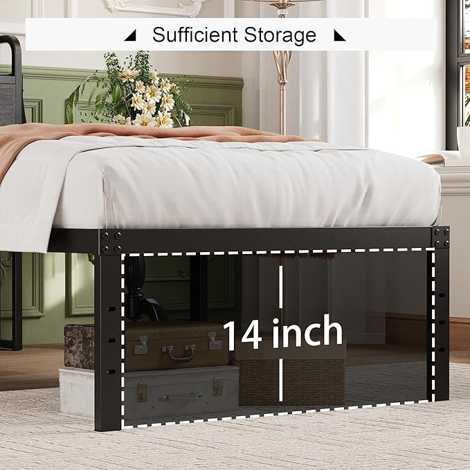 16 Inch Twin Bed Frames with Upholstered Storage Headboard, Sturdy Single Bed Frame, No Box Spring Needed Twin Platform, Black