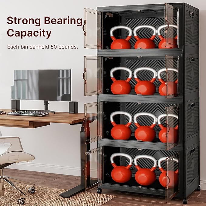 1280Qt Stackable Storage Bins with Lids, 8 Pack Large Collapsible Bins with Wheels, Plastic Cabinet with Doors, Foldable Closet Organizers and Storage for Home, Dorm, Office, Black