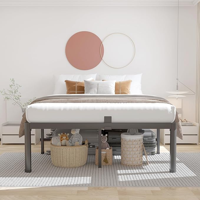 ROIL 18 Inch Queen Bed Frame with Rounded Corner and Headboard Hole Mattress Retainers 3500LBS Metal Heavy Duty Steel Slats No Box Spring Needed Platform Noise-Free Easy Assembly