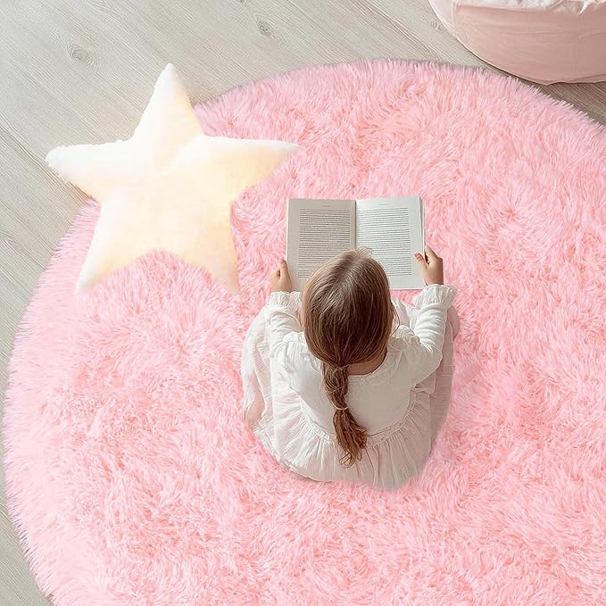 Round Pink Rug for Bedroom, 7ft Circle Area Rugs for Living Room, Soft Fluffy Shag Carpet for Girls Teen Nursery Room Dorm Home Decor Aesthetic