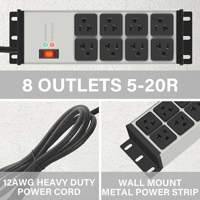 CCCEI Magnetic Heavy Duty Power Strip Surge Protector 20Amp, 12 Gauge High Amp Extension Outlets, Garage Wall Mount 8 Plug Metal Power Strip. 6FT, Grey, 5-15P Adapter 6-20R T-Slot 20a for Appliance