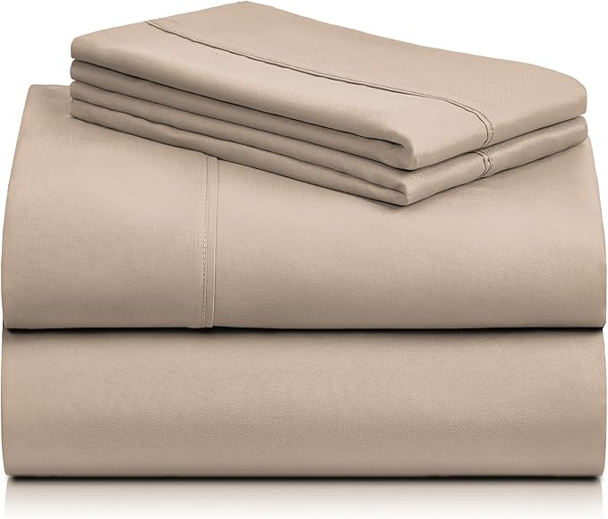 LuxClub 4 PC Queen Sheet Set, Deep Pockets Wrinkle Free Cooling Bed Sheets Hotel Bedding for Women, Men, Includes 1 Fitted Sheet, 1 Flat Sheet and 2 Pillowcases-Soft Light Khaki