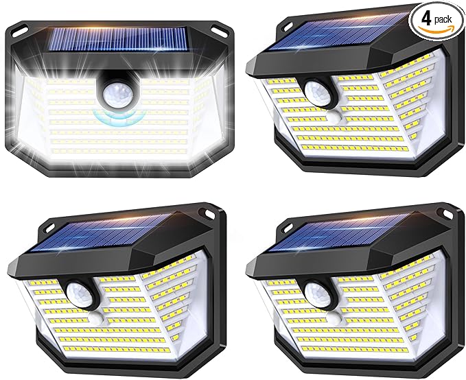 FAXBOX Solar Lights Outdoor Motion Sensor, 178 LED 300LM Waterproof IP65, Wall Mounted Security Light with 3 Modes, 270° Wide AngleWide Angle, Solar Powered for Garden, Yard, Patio, Front Door(4Pack)