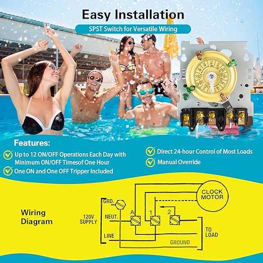 T104 Electromechanical Timer Switch for Lights, Fans, HVAC, 208-277 VAC 40A DPST, 5HP, 12 ON/Off Cycles, Tripper Included – Heavy Duty Pool Timer