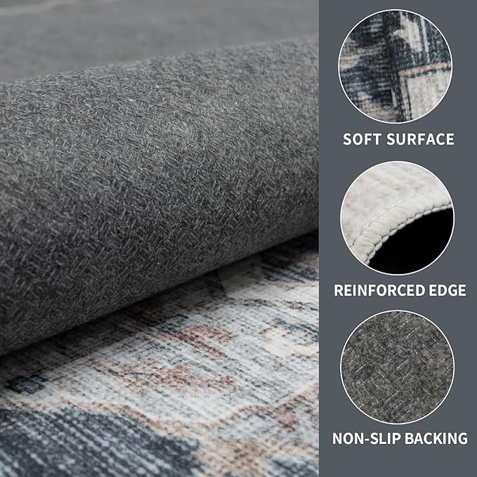 4x6 Vintage Washable Area Rug for Living Room,Low Pile Non Slip Carpet Non-Shedding Small Area Rug Soft Indoor Stain Resistant Rug Floral Print Mat for Bedroom Dining Room Blue Beige