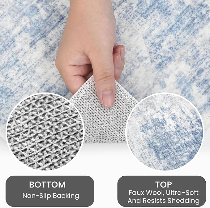 IOHOUZE Abstract Runner Rug 2x12 Ft Washable Runners for Hallways, Non Slip Kitchen Runner Printed Faux Wool Entryway Runner Indoor, Modern Abstract Floor Carpet for Hall Kitchen, Light Blue White