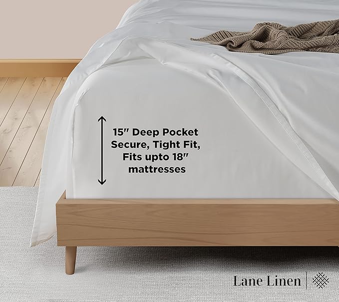 LANE LINEN King Size Sheets Set – 600 Thread Count Long-Staple 100% Cotton Sheets, Naturally Cool & Durable for Everyday Use, 15" Deep Pocket Fitted Sheet with All-Around Elastic for Snug Fit – White