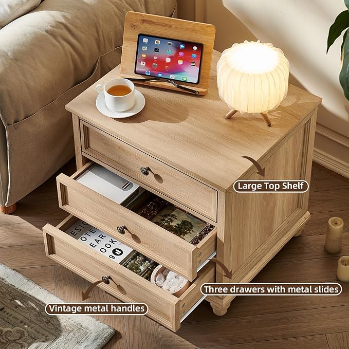 24" Wide Farmhouse Night Stand Set of 2,Large End Table with 3 Drawers & Metal Handle,Natural Wood Dresser for Bedroom Cabinet, Bed Side Table Chest of Drawers,Nightstand for Living Room
