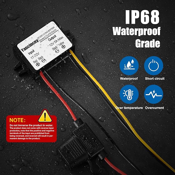 Yancincny DC 24V 36V 48V 60V 72V Step Down to 12V 5A 60W Converter Regulator Reducer Power Supply Module Buck Transformer, Waterproof DC 24V to 12V Converter with Fuse for Golf Cart
