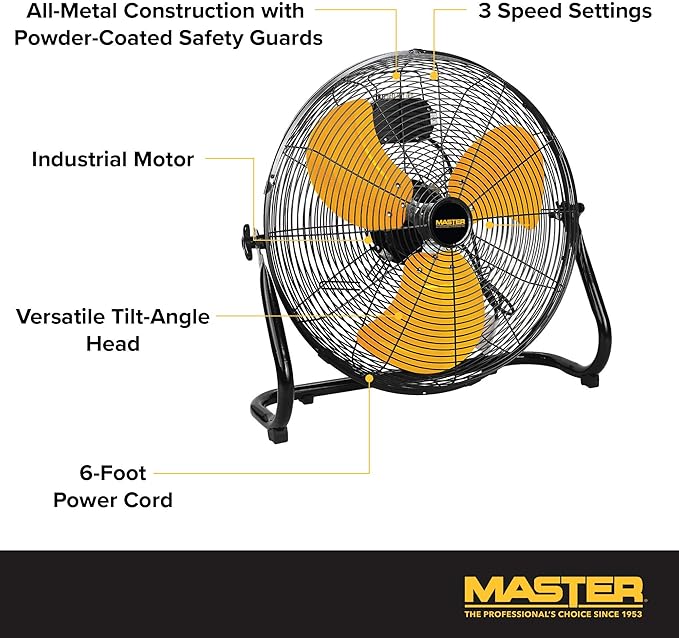 Master 20" Industrial High Velocity Floor Fan with 3 Speed Settings. Use for Shop, Garage or Warehouse. All Metal Construction (MAC-20F)