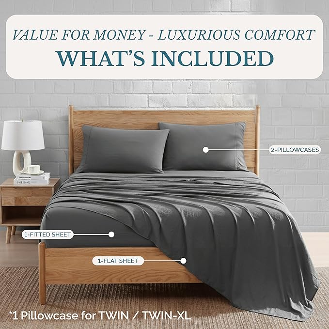 Casa Platino Queen Size Bed Sheets, Pre-Washed Microfiber Sheet Set, Ultra Soft & Cooling Bed Sheets with Deep Pockets up to 15", Cozy Hotel Quality Bedding for Queen Mattress – Charcoal