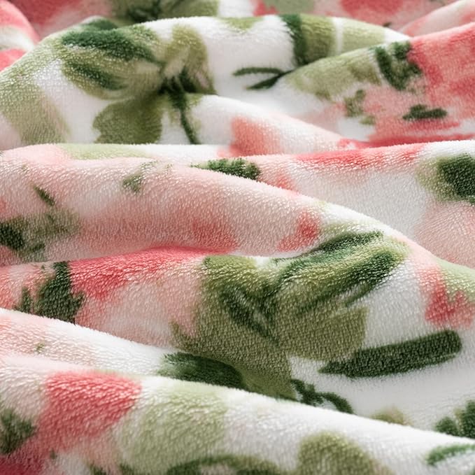 Luxury Printed Fleece Warm Blanket, Soft Lightweight Velvety Plush Throw for Couch and Bed, Cozy Comfy for All Seasons(Ivory Pink Flowers, 90×90 Inches)