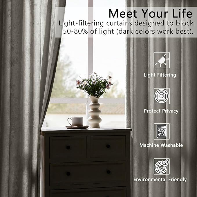 SMILETIME Silver Grey Crushed Velvet Curtains 52x108inch Rod Pocket Luxurious Thermal Insulated Soundproof Drapes Soft and Durable Light-Filtering Window Treatments for Living Room Bedroom, 2 Panels