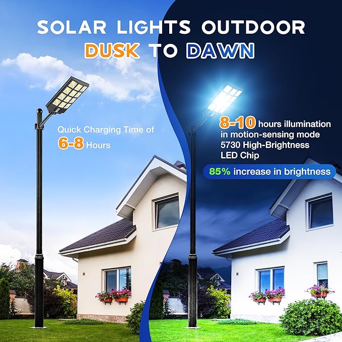 Solar Lights Outdoor Waterproof, 8000W Solar Street Light with Motion Sensor, 7000K Dusk to Dawn Security Flood Lights IP66, Commercial Outdoor Lighting for Parking Lot, Yard, Driveway, Farm(2 Pack)