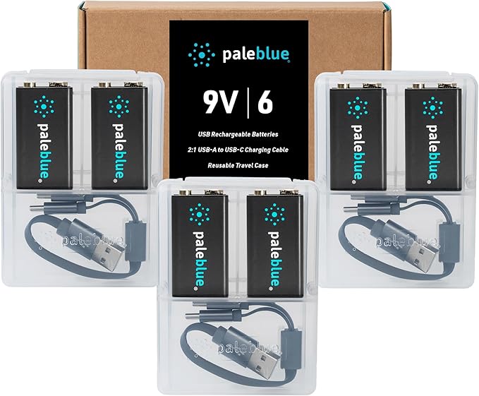 paleblue USB Rechargeable 9V Batteries (6-Pack) - 4500mWh Lithium Ion, 1000+ Charge Cycles, Includes (3) 2-in-1 USB-A to USB-C Charging Cables, LED Charge Indicator, 3.4 Hour Charge Time