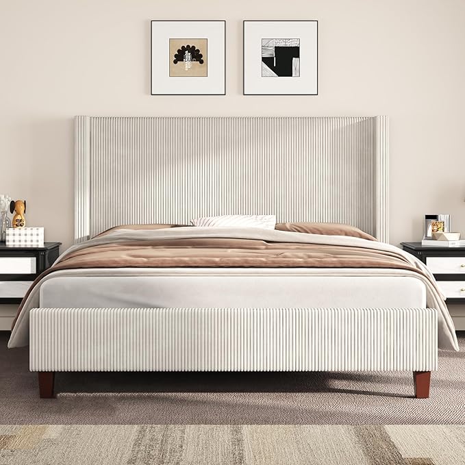 AMERLIFE King Size Upholstered Bed Frame with 50.8" Tall Headboard, Wingback Platform Bed with Solid Wood Legs, Wooden Slats, Corduroy/No Box Spring Needed/Noise Free/Cream