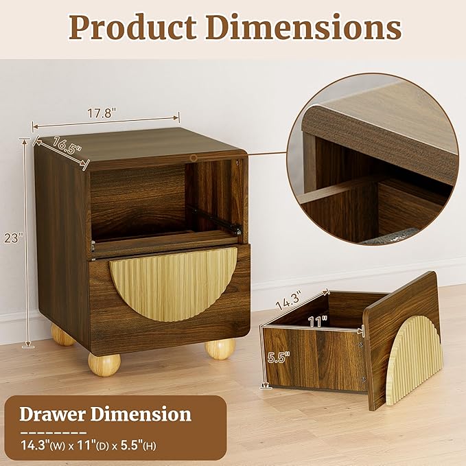 23" Fluted Nightstand with Solid Wood Legs Set of 2, Modern Style Walnut Bedside Table with Round Moon Handle & Storage, Mid Century Cute Night Stand for Bedroom, Side Table, End Table