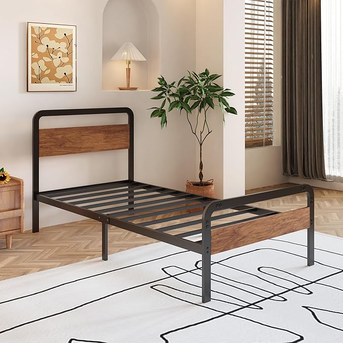 12 Inch Twin Bed Frames with Wooden Headboard and Footboard, No Box Spring Needed, Heavy Duty Metal Mattress Foundation, Noise Free, Easy Assembly, Black
