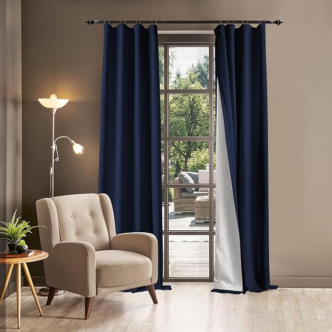 100% Blackout Thermal Insulated Curtains, 3 Layers Noise Absorbing, Soundproof Back Tab Drapes for Sliding Glass Door Baby Nursery Bedroom with Hooks, Navy Blue 50x84 Inch Set of 1