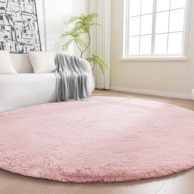 Amazon Basics Fluffy Washable Round Area Rug, Circle Shaggy Carpet for Living Room, Bedroom, Nursery, 7'R, Pink