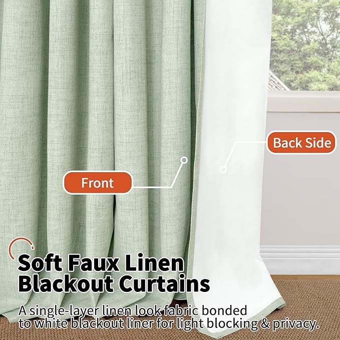 Sage Green Blackout Curtains for Bedroom - Linen Curtains 90 Inch Length Thermal Insulated Privacy Burlap Boho Window Drapes for Living Room Scandi Farmhouse Dining, 2 Panels, Each 52" Wide