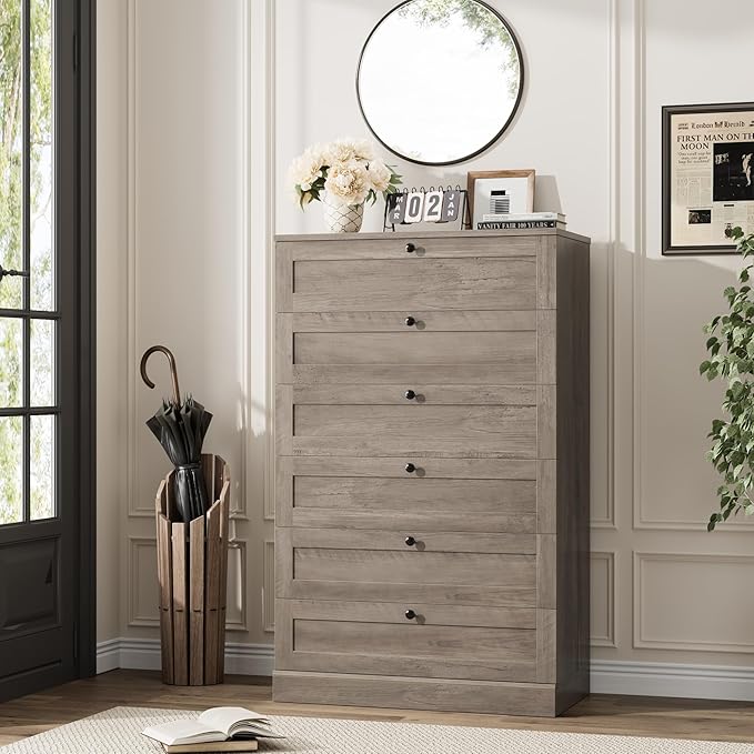 HOSTACK 6 Drawer Dresser for Bedroom, 52" Tall Dresser & Chest of Drawers, 29" W Wood Drawer Chest, Modern Vertical Storage Cabinet for Living Room, Entryway, Hallway