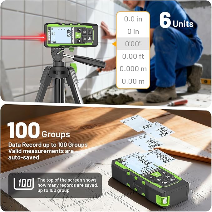 Laser Measure Device 3-in-1, Huepar 330ft Laser Measurement Tool & 33ft Cross Laser Level & 6.5ft Tape Measure, Rechargeable, Voice Broadcast, Multi-Mode, Rugged for Construction & Home Use, SW-T100