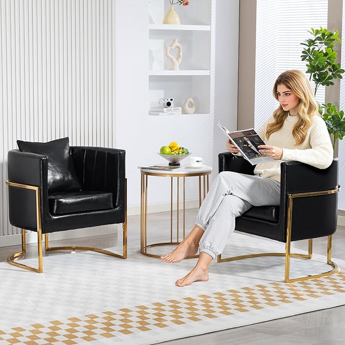 Modern Leather Accent Chair, Mid Century Upholstered Barrel Armchair with Pillow for Living Room, Comfy Single Vanity Chair with Metal Gold Legs for Bedroom, Black