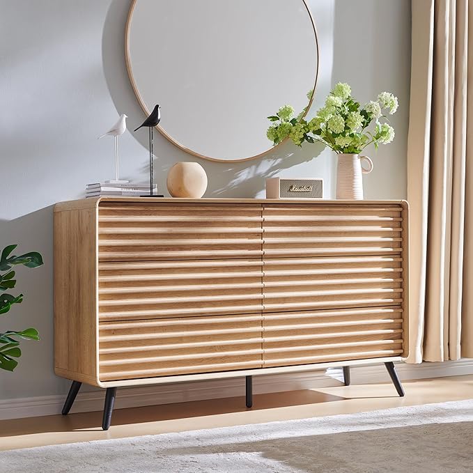 RedLemon 6 Drawers Dresser for Bedroom, 54'' Wide Mid Century Modern Wood Fluted Double Dresser, Chest of Drawers with Tapered Leg for Bedroom, Living Room, Hallway, Closet, Natural Oak