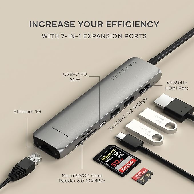 Satechi 7 in 1 USB C Hub Multiport Adapter with Ethernet, HDMI 4K@60Hz, 100W PD Charging, 2X USB-A Data Ports, Micro/SD Card Readers for MacBook Air/Pro M5/M4, iPad, Windows - Space Gray