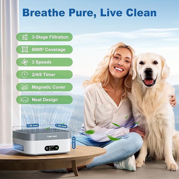 TDBYWAE Air Purifier 2 Pack for Bedroom Up to 1200 ft², H13 True HEPA Air Purifier for Pets Dust Dander Pollen Odor Smoke, with New Quiet Wind Wheel System, for Desk/Car/Travel