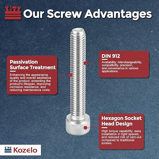 Kozelo 5pcs Socket Head Cap Screws - [M10-1.5 x 65mm] 304 Stainless Steel Allen Socket Drive for Electrical Motor 3D Printing Fan Engine Replacement Use, Silver