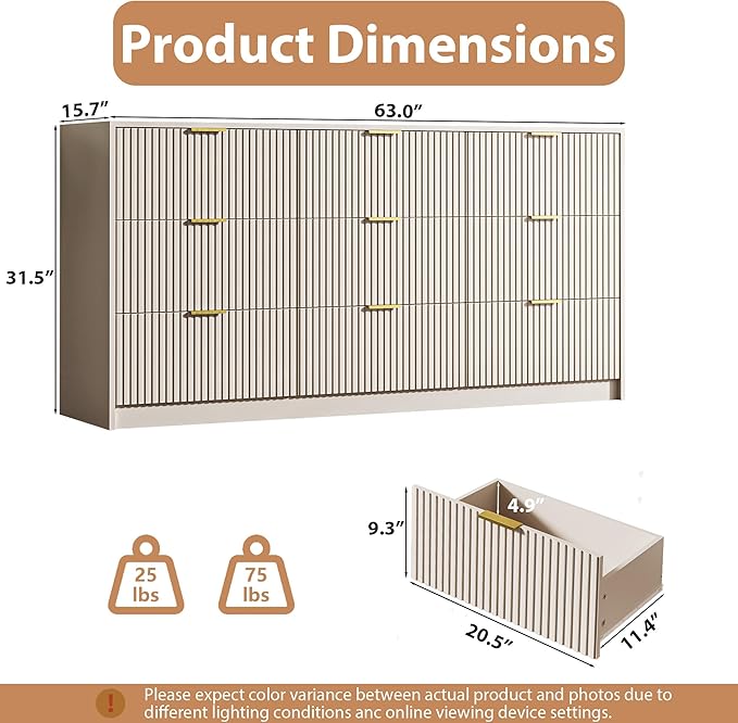 Beige 9 Drawer Dresser for Bedroom, 63" Wide Modern Fluted Dresser with Gold Metal Handles, Chest of Drawers for Bedroom, Living Room, Entryway, Hallway