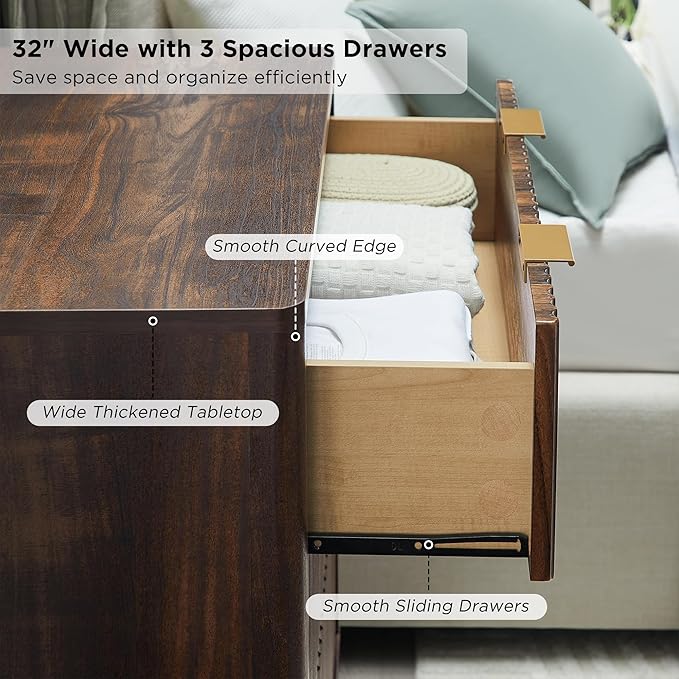 T4TREAM Fluted 3 Drawer Dresser, 32" Tall Modern Chest of Drawers, Curved Profile Design, Wood Drawer Organizer for Bedroom, Living Room, Hallway, Entryway, Dark Walnut