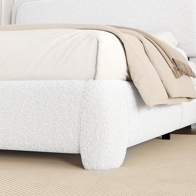 Queen Size Boucle Platform Bed Frame, Upholstered Cloud with Adjustable Headboard, Anti-Collision Soft Rounded Corners, No Box Spring Required, Easy Assembly, Noise Free