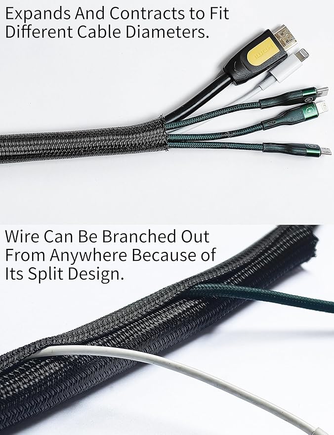 Cable Management Split Wire Loom Sleeve - Cord Hider & Protector for Desk, Pet Chew Proof, Wire Cover Organizer, Flexible Tube for Wires and Cables (3/16 Inch 12FT, Black)