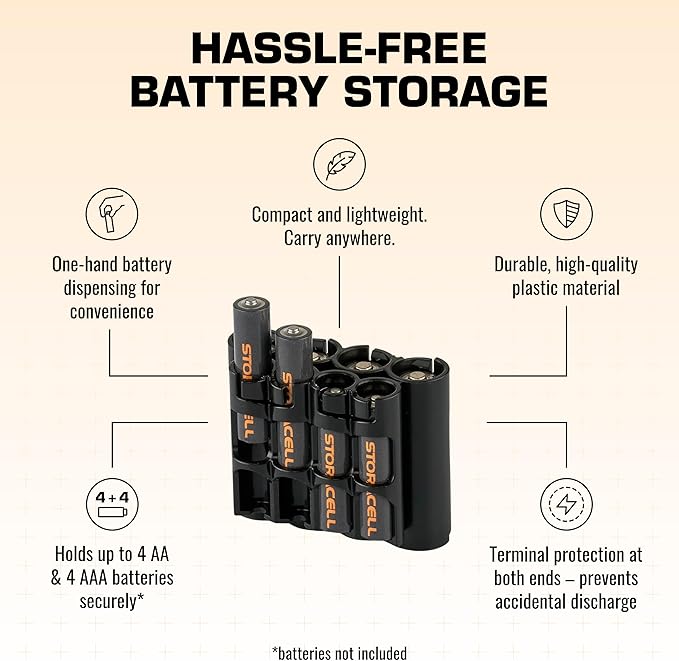 Storacell AA + AAA Combo Battery Storage Caddy and Dispenser, Black, Holds 4 AA + 4 AAA Batteries (Not Included), Durable & Compact Design, The Original Battery Caddy, Made in The USA