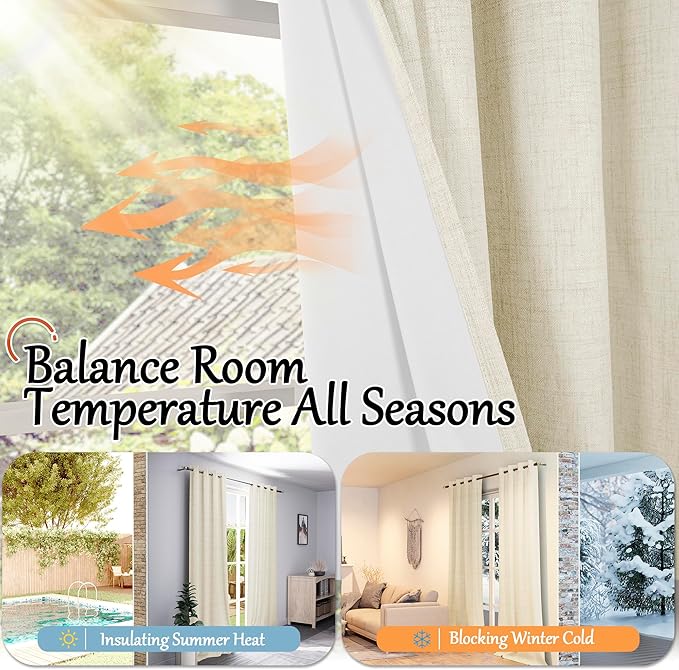 Cream 100% Blackout Curtains for Living Room 84 Inch Length 2 Panels Set, Thermal Insulated Light Blocking Faux Linen Curtains for Bedroom, Bronze Grommet Boho Window Drape Each 52" Wide