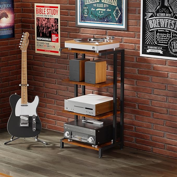 X-cosrack 16.5" Small 4-Tier AV Media Stand,Narrow Version Wooden Corner Shelves Stereo Cabinet Audio Rack Stand Tower Perfect for Small DVD Players Game Console TV Box Cable Box WiFi Router