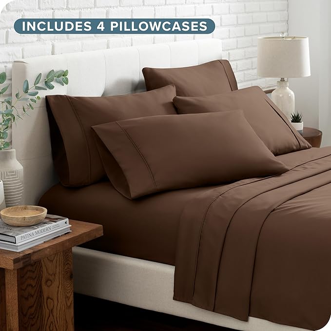 Bare Home Hotel Luxury Split King Sheet Set, Extra Soft - 7 Piece Set - Deep Pockets - Easy Fit - Cooling & Breathable - Wrinkle, Fade, Stain Resistant - Includes 4 Pillowcases (Split King, Cocoa)