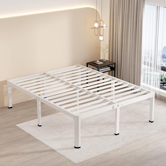 MAF 16 Inch King Size Bed Frame White with Round Corner Legs Mattress Slide Stopper No Box Spring Needed Heavy Duty Metal Platform Bed Frames Under-Bed Storage Space, 3000 LBS Steel Slats Support