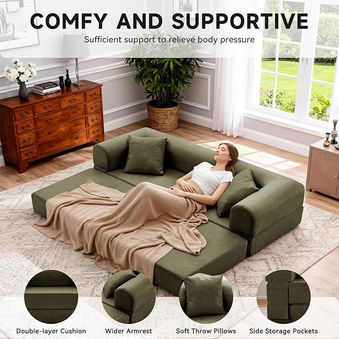 78.5" Convertible Sleeper Sofa Bed, Faux Leather Folding Floor Sofa with Pullout Bed&2 Pillows, No Assembly Modern Boneless Couch Compression Sofa in Box with Storage Pocket for Living Room, Green