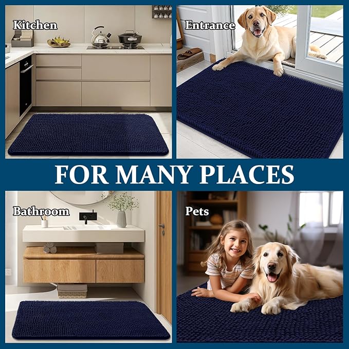 OLANLY Dog Door Mat for Muddy Paws 59x24, Absorbs Moisture and Dirt, Absorbent Non-Slip Washable Doormat, Quick Dry Chenille Mud Mat for Dogs, Entry Indoor Entryway Carpet for Inside Floor, Navy Blue