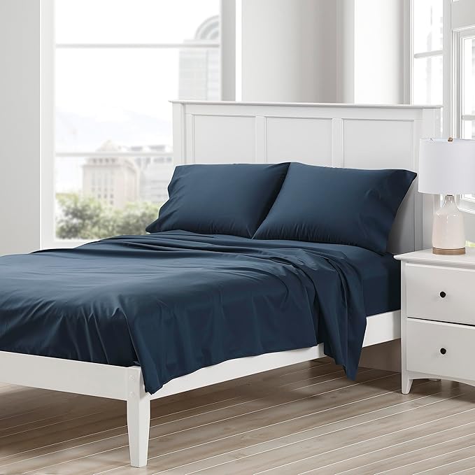 Cuddledown Dreamstead 100% Cotton Bed Sheets Set | 300 Thread Count | Luxurious Sateen Weave | Pure Combed Cotton | Soft | Wrinkle Resistant | 4 Piece Set | Navy | Queen | 60” x 80”