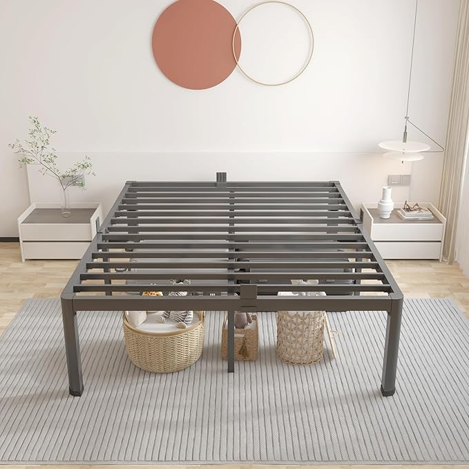ROIL 18 Inch King Bed Frame with Rounded Corner and Headboard Hole Mattress Retainers 3500LBS Metal Heavy Duty Steel Slats No Box Spring Needed Platform Noise-Free Easy Assembly