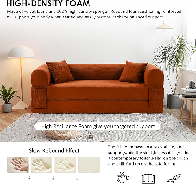 80" Convertible Sofa Bed, 3-in-1 Corduroy Folding Pull Out Couch with Pillows, No Assembly Modern Boneless Couch Compression Sofa in Box, Floor Sofa with Side Storage Pocket for Living Room, Orange