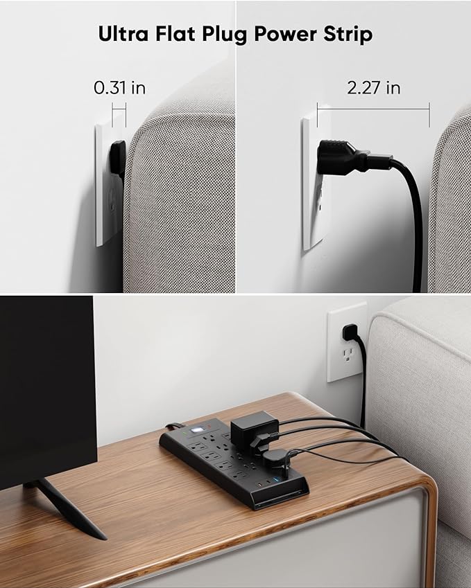 Surge Protector Power Strip 4800J, LeZone 25Ft Long Extension Cord Flat Plug, 12 Outlets 2 USB C 2 USB Ports, Wall Mountable, Desk Charging Station, Black